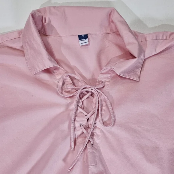 Old Navy Shirt Womens‎ XL Pink LS Relaxed Tie Geranium Petal Cotton Pullover Top - Picture 6 of 8